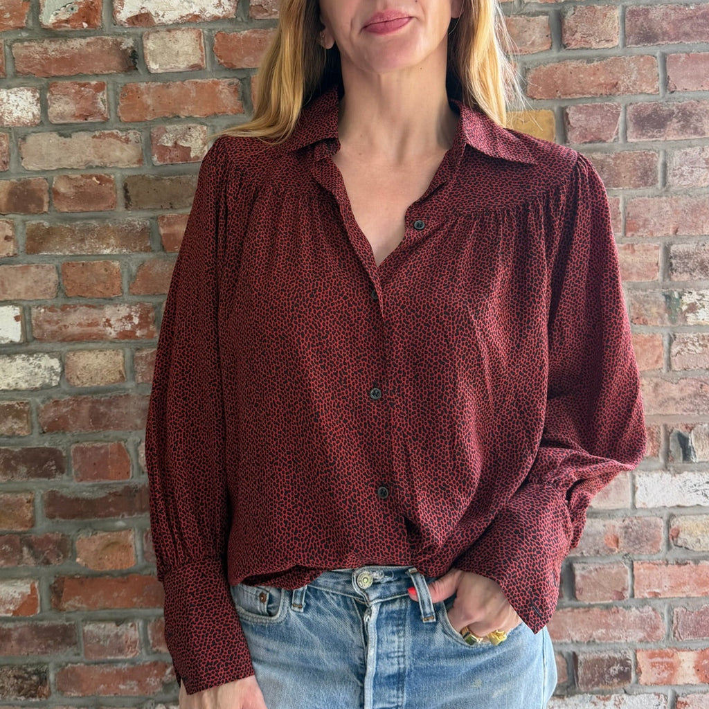 1980s Yves Saint Laurent Rive Gauche Red & Black Animal Print Blouse