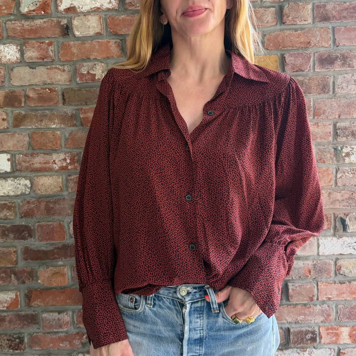 1980s Yves Saint Laurent Rive Gauche Red & Black Animal Print Blouse