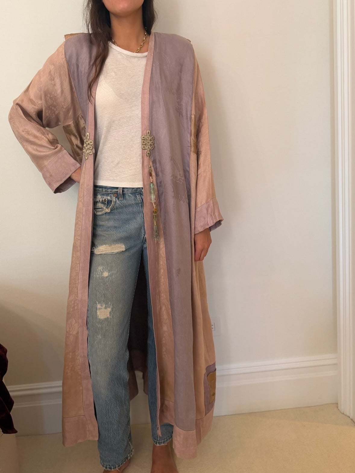 1970s Upcycled Asian Inspired Silk Embroidered Robe Duster