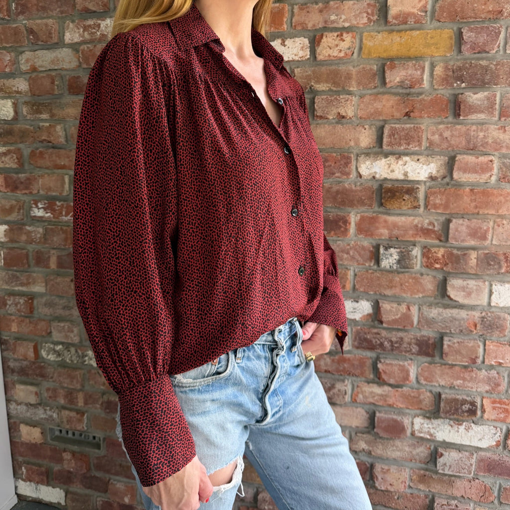 1980s Yves Saint Laurent Rive Gauche Red & Black Animal Print Blouse