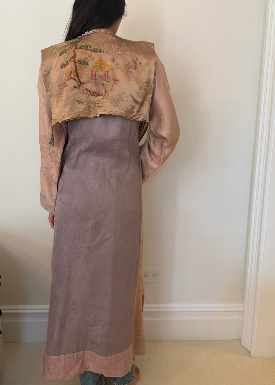 1970s Upcycled Asian Inspired Silk Embroidered Robe Duster