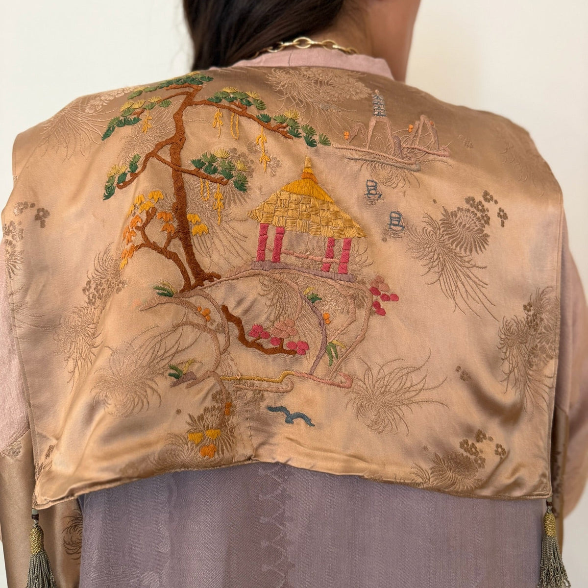1970s Upcycled Asian Inspired Silk Embroidered Robe Duster