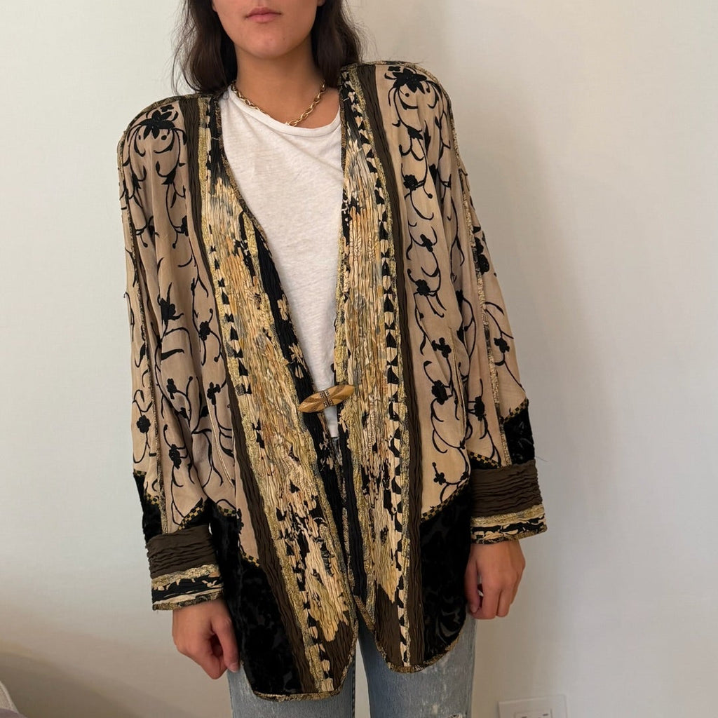 1980s Silk and Velvet Embroidered Gold/Black Duster