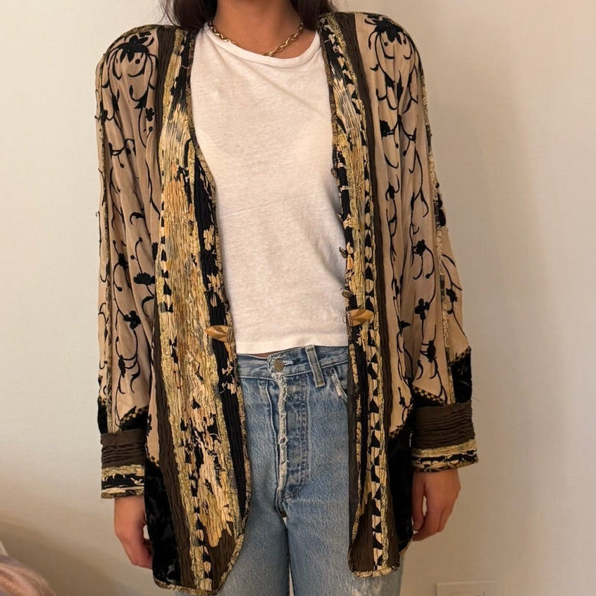 1980s Silk and Velvet Embroidered Gold/Black Duster