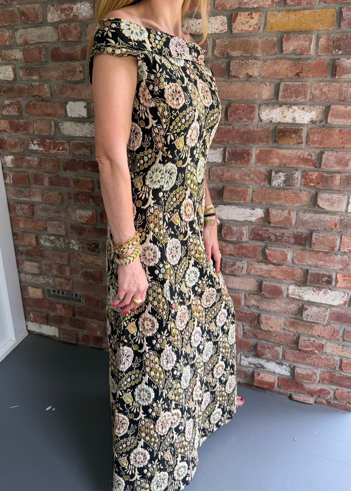 1960s Black Metallic Brocade Evening Gown