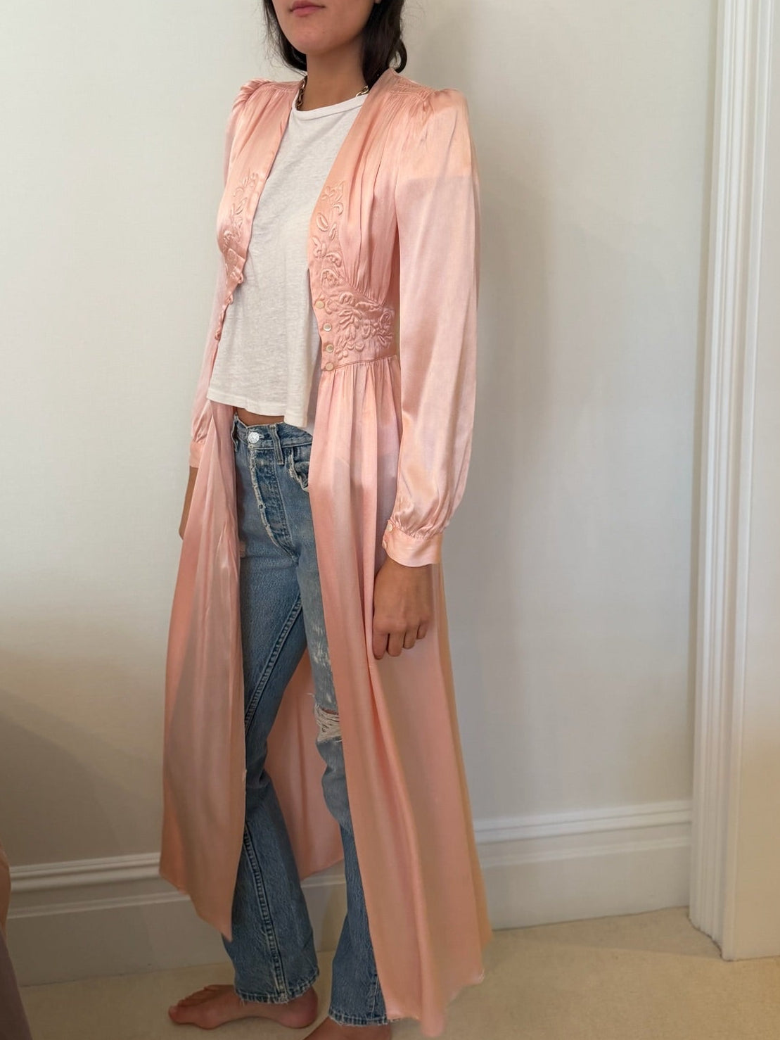 1930s-1940s Light Pink Silk Embroidered Duster