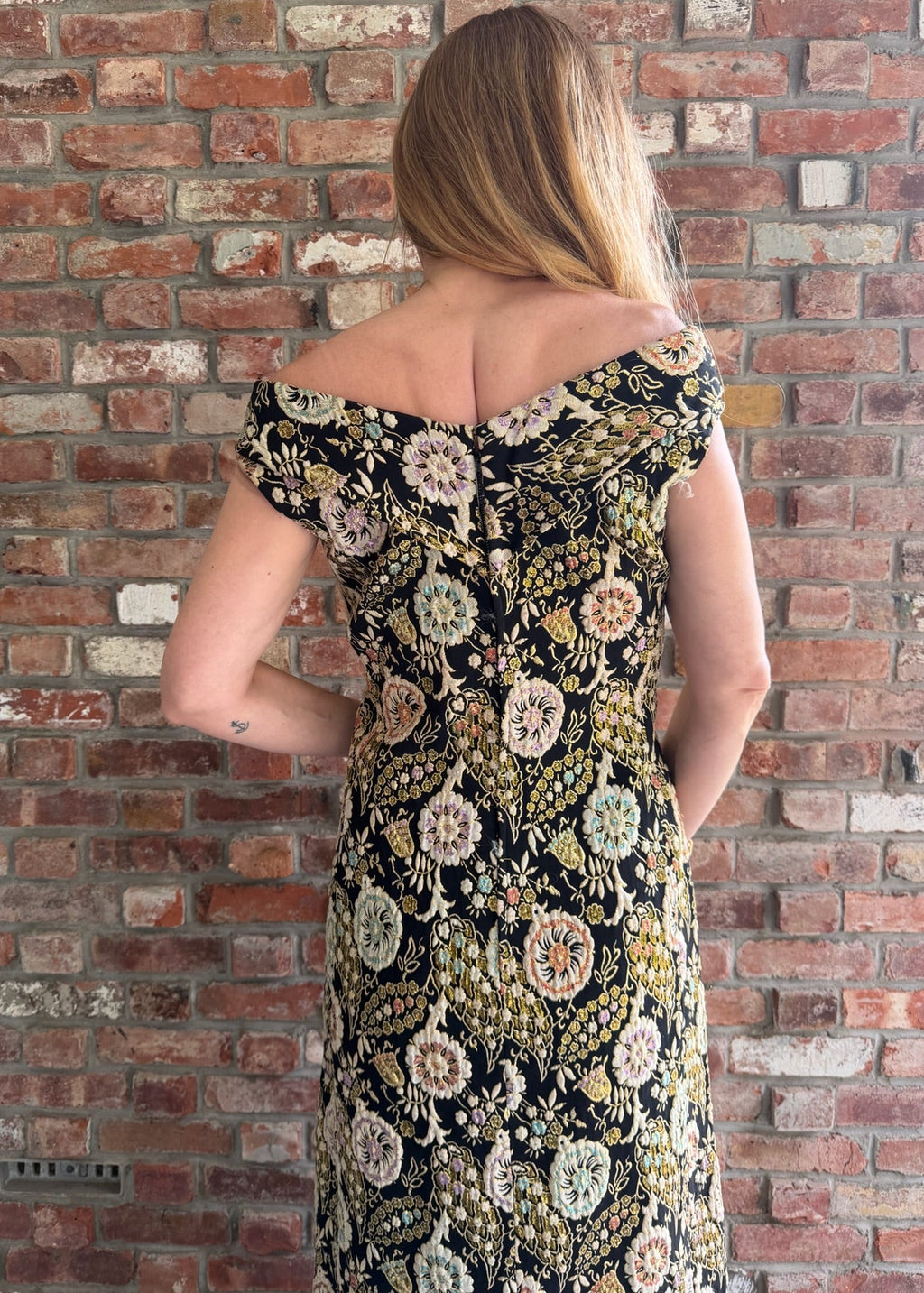 1960s Black Metallic Brocade Evening Gown