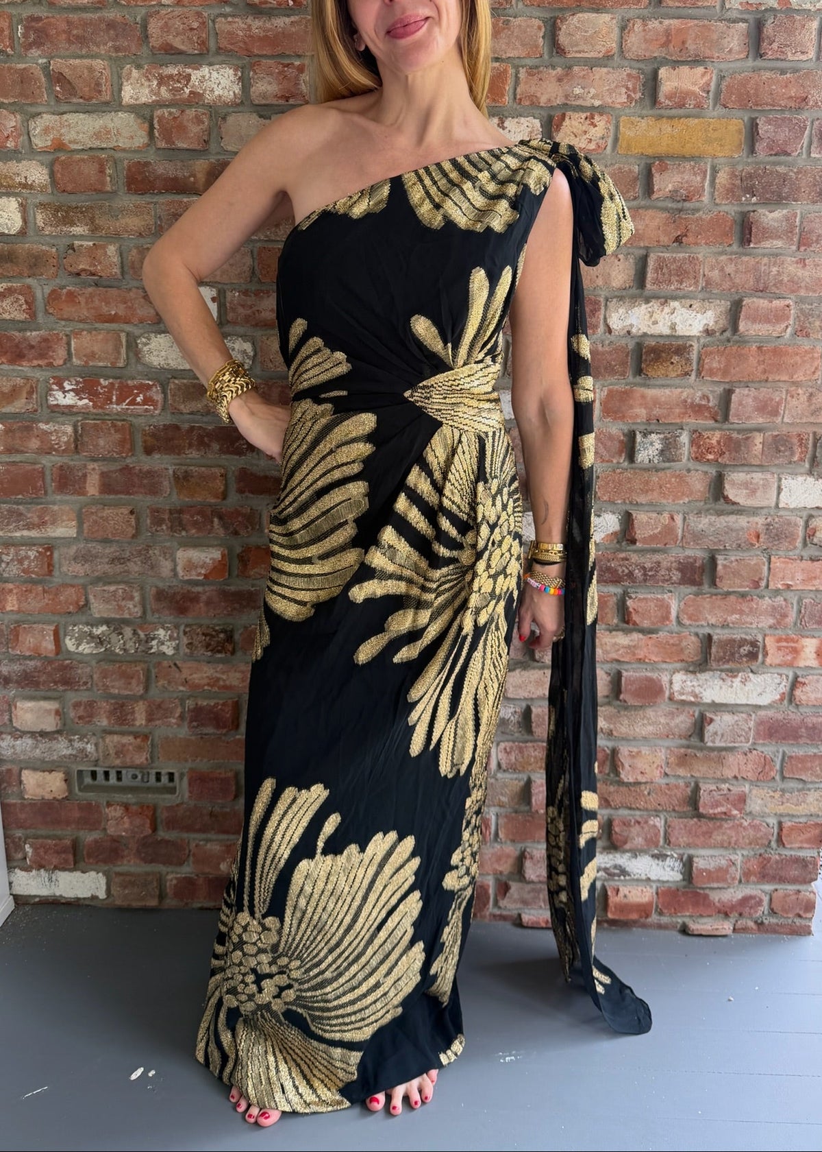 1960s - 1970s Black & Gold Metallic One-Shoulder Maxi Gown