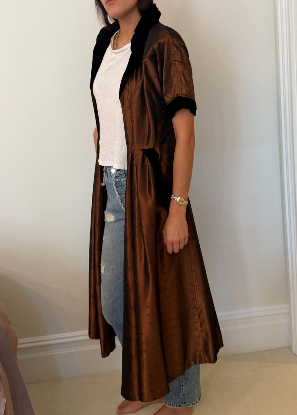 1930s-1940s Brown Silk and Black Velvet Hostess Duster