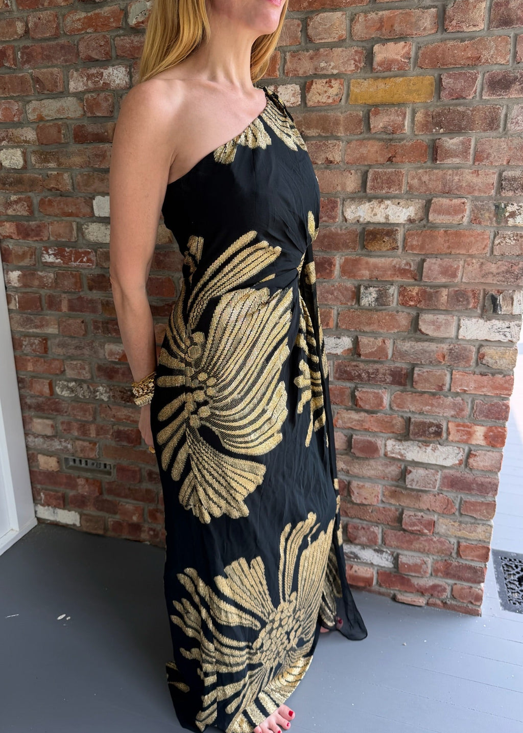 1960s - 1970s Black & Gold Metallic One-Shoulder Maxi Gown