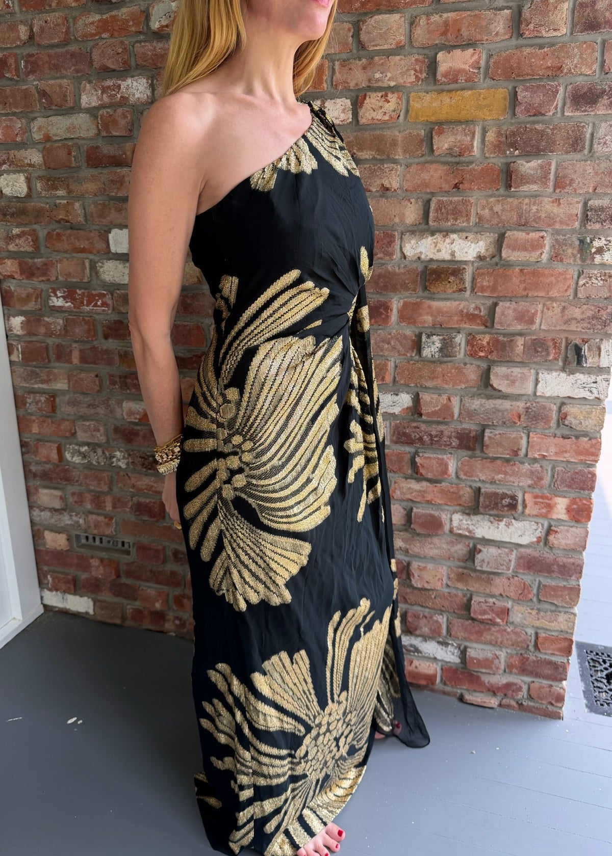 1960s - 1970s Black & Gold Metallic One-Shoulder Maxi Gown