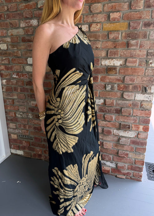 1960s - 1970s Black & Gold Metallic One-Shoulder Maxi Gown
