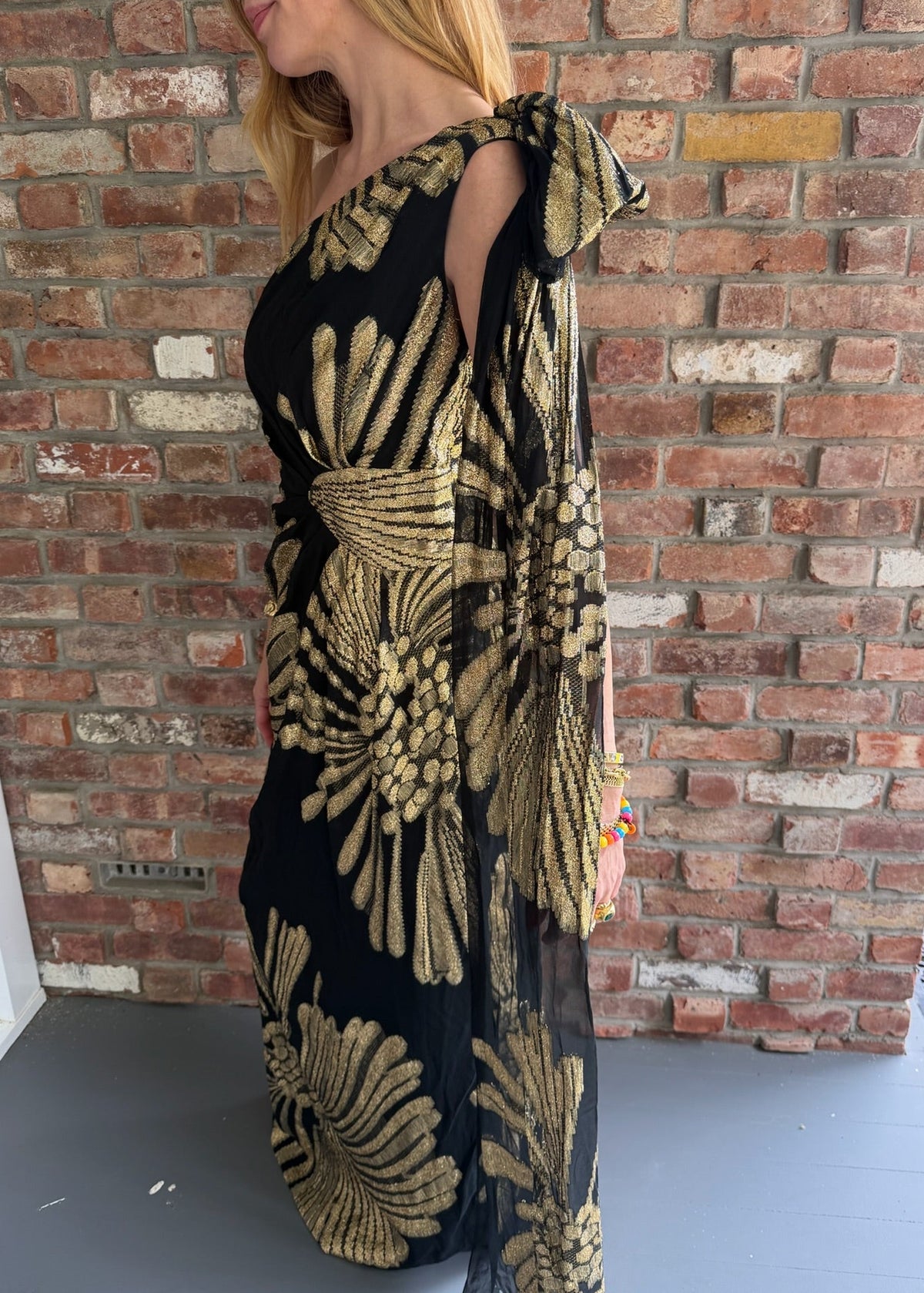 1960s - 1970s Black & Gold Metallic One-Shoulder Maxi Gown