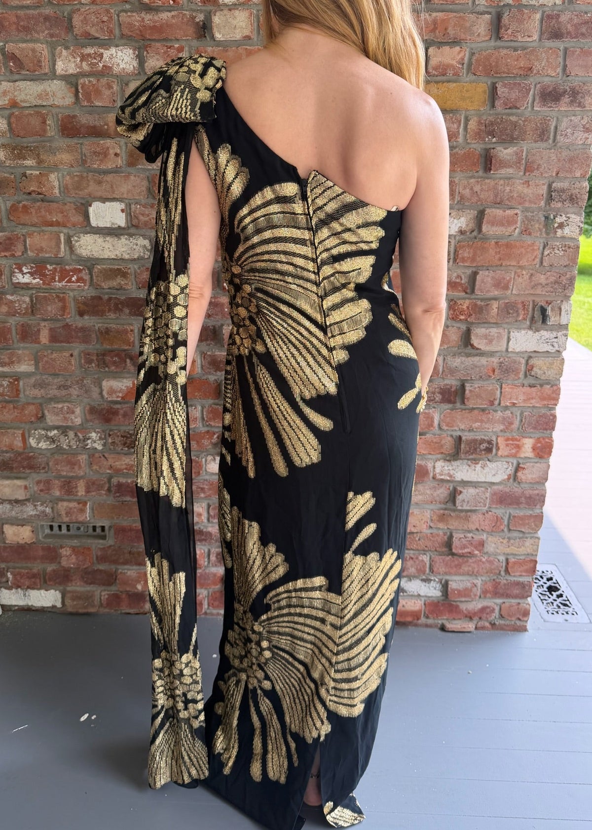 1960s - 1970s Black & Gold Metallic One-Shoulder Maxi Gown