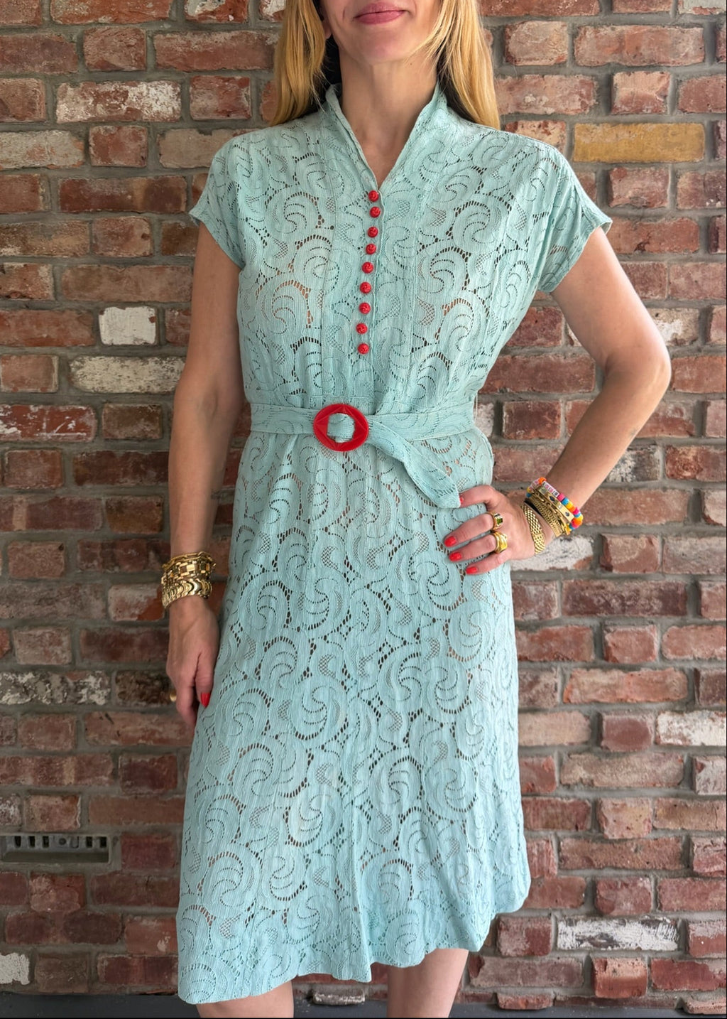 1930s Seafoam Lace Day Dress with Red Bakelite-Style Buttons & Belt