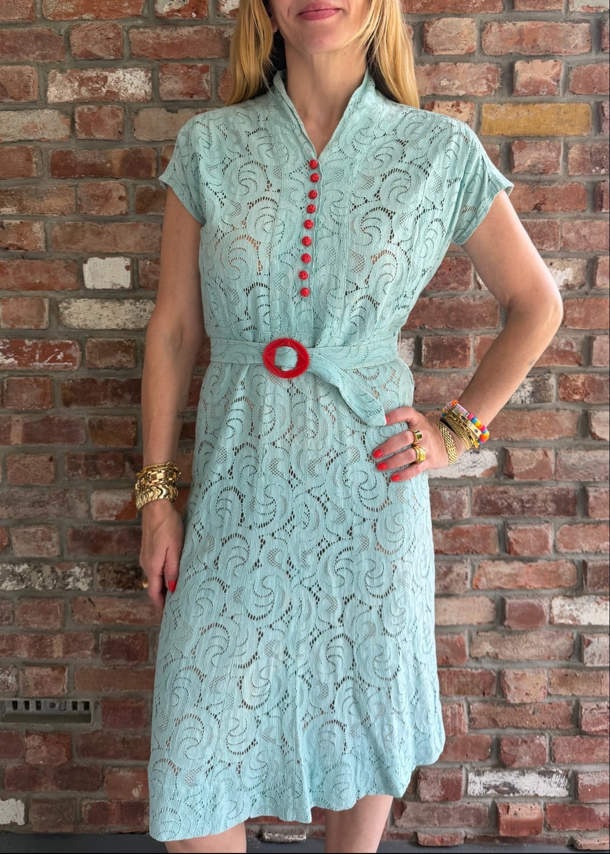 1930s Seafoam Lace Day Dress with Red Bakelite-Style Buttons & Belt