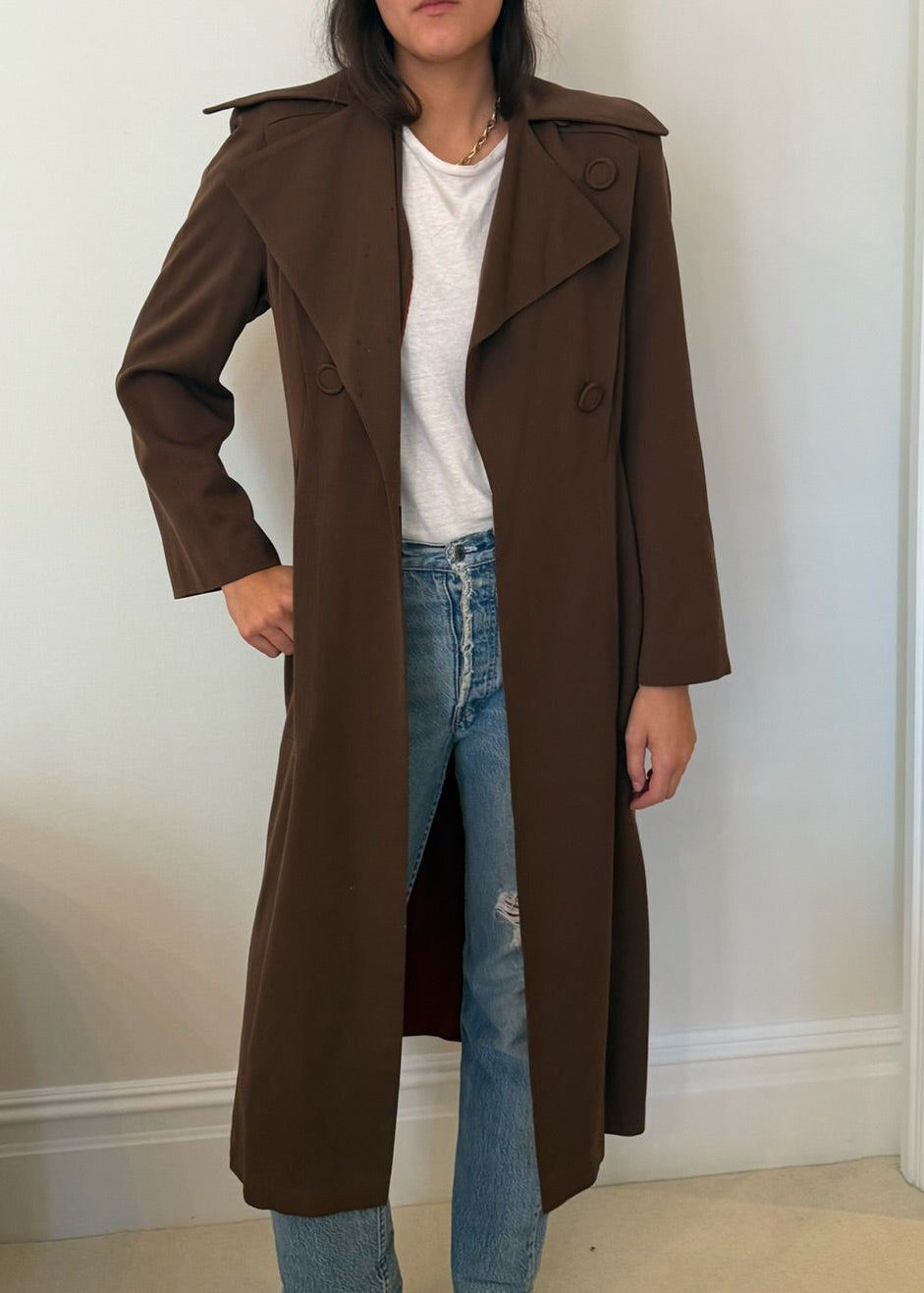 1970s-1980s Chocolate Brown Double Breasted Duster