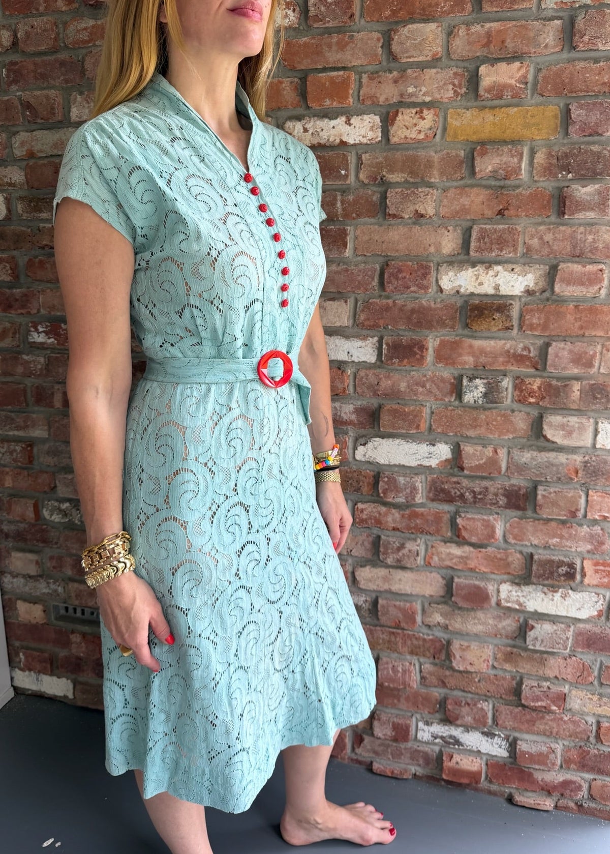 1930s Seafoam Lace Day Dress with Red Bakelite-Style Buttons & Belt
