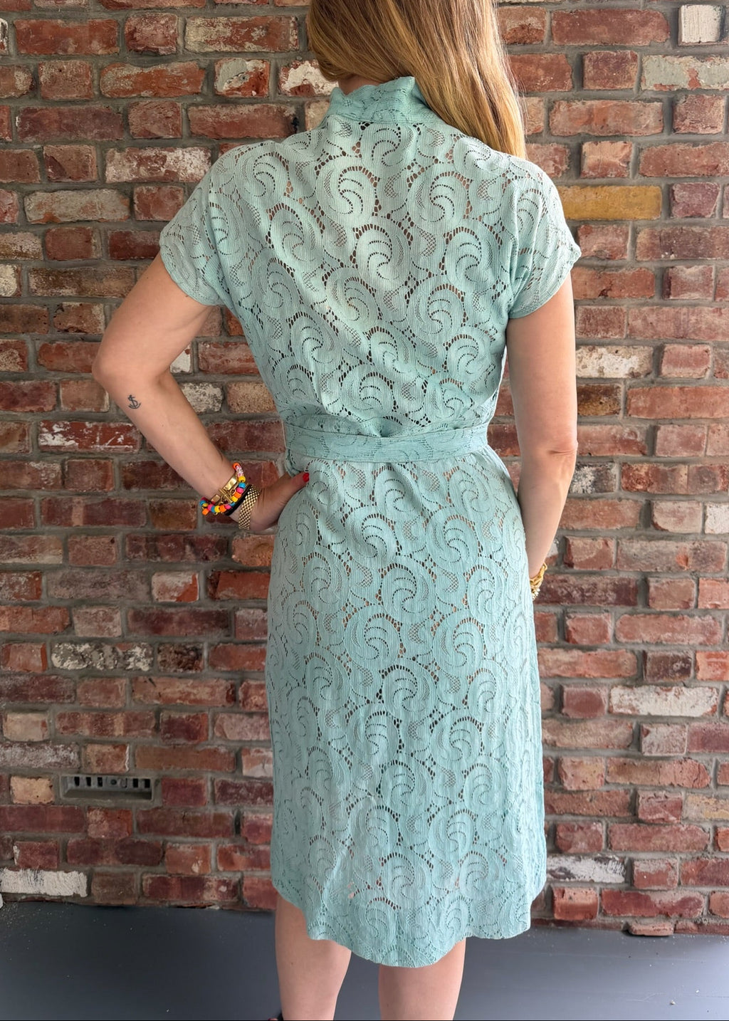 1930s Seafoam Lace Day Dress with Red Bakelite-Style Buttons & Belt