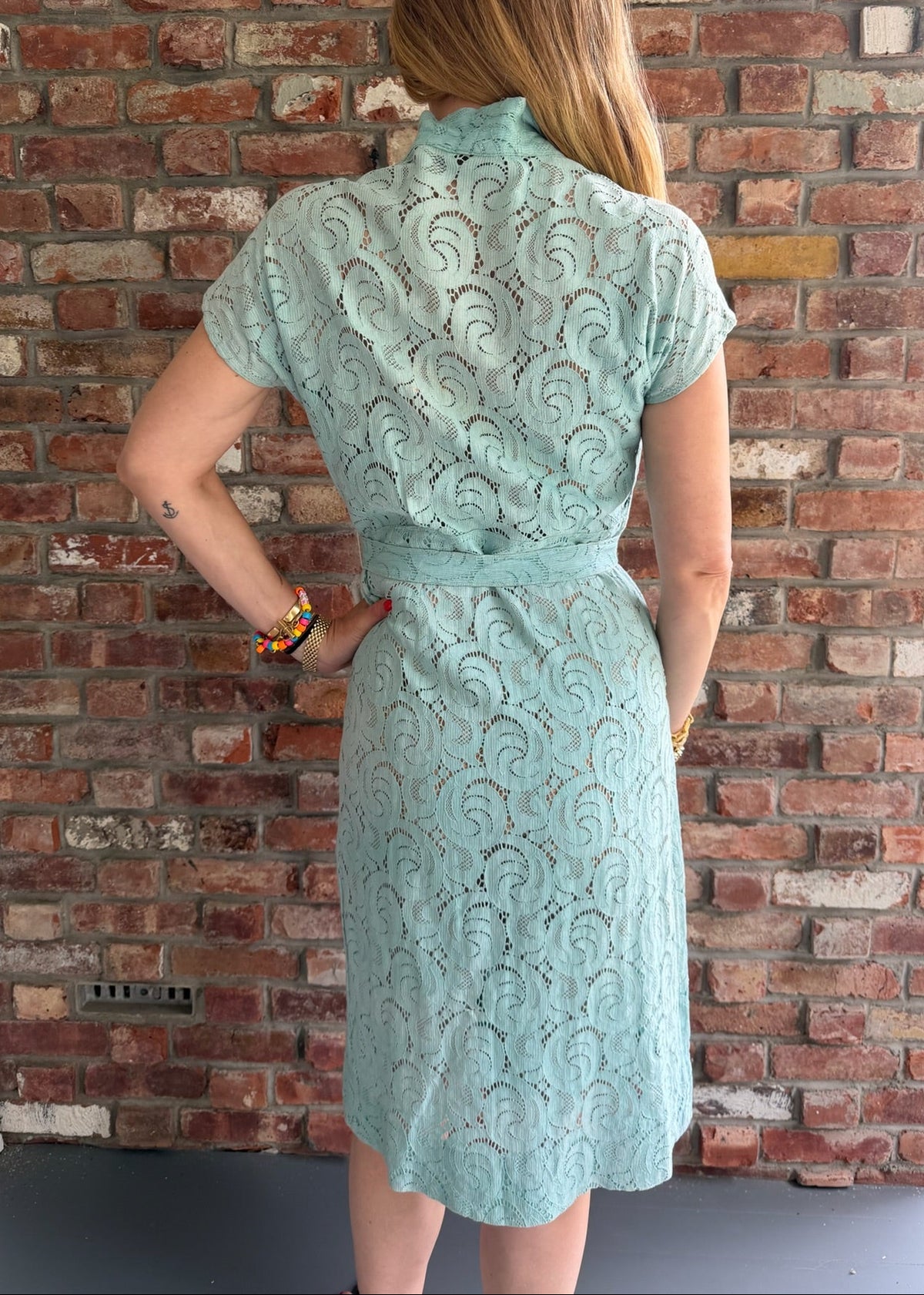 1930s Seafoam Lace Day Dress with Red Bakelite-Style Buttons & Belt