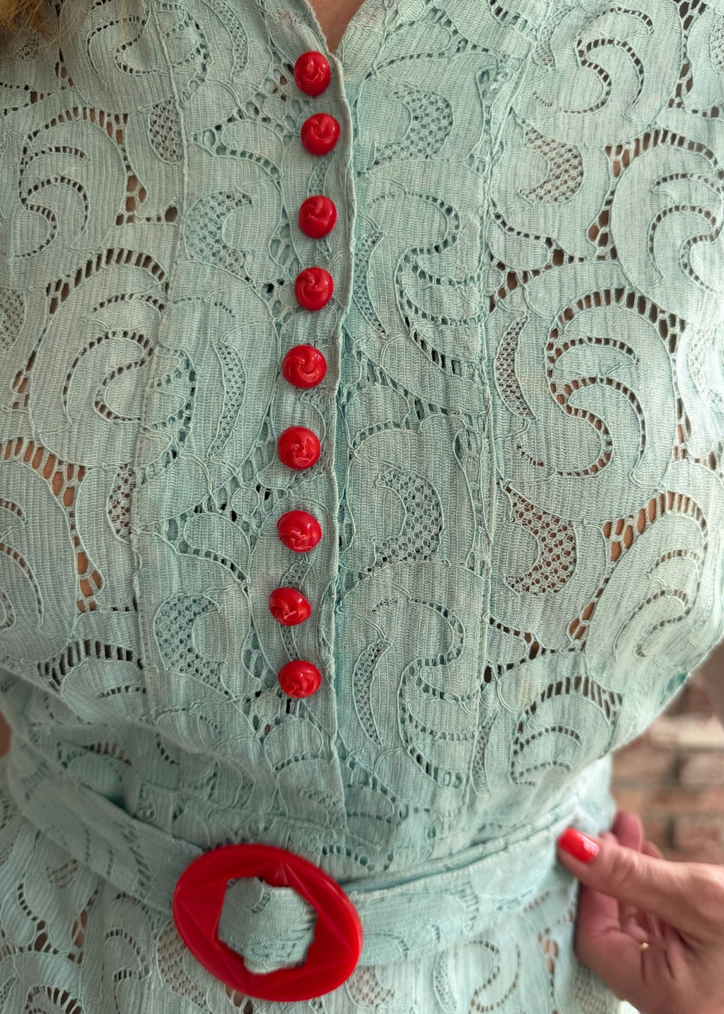 1930s Seafoam Lace Day Dress with Red Bakelite-Style Buttons & Belt
