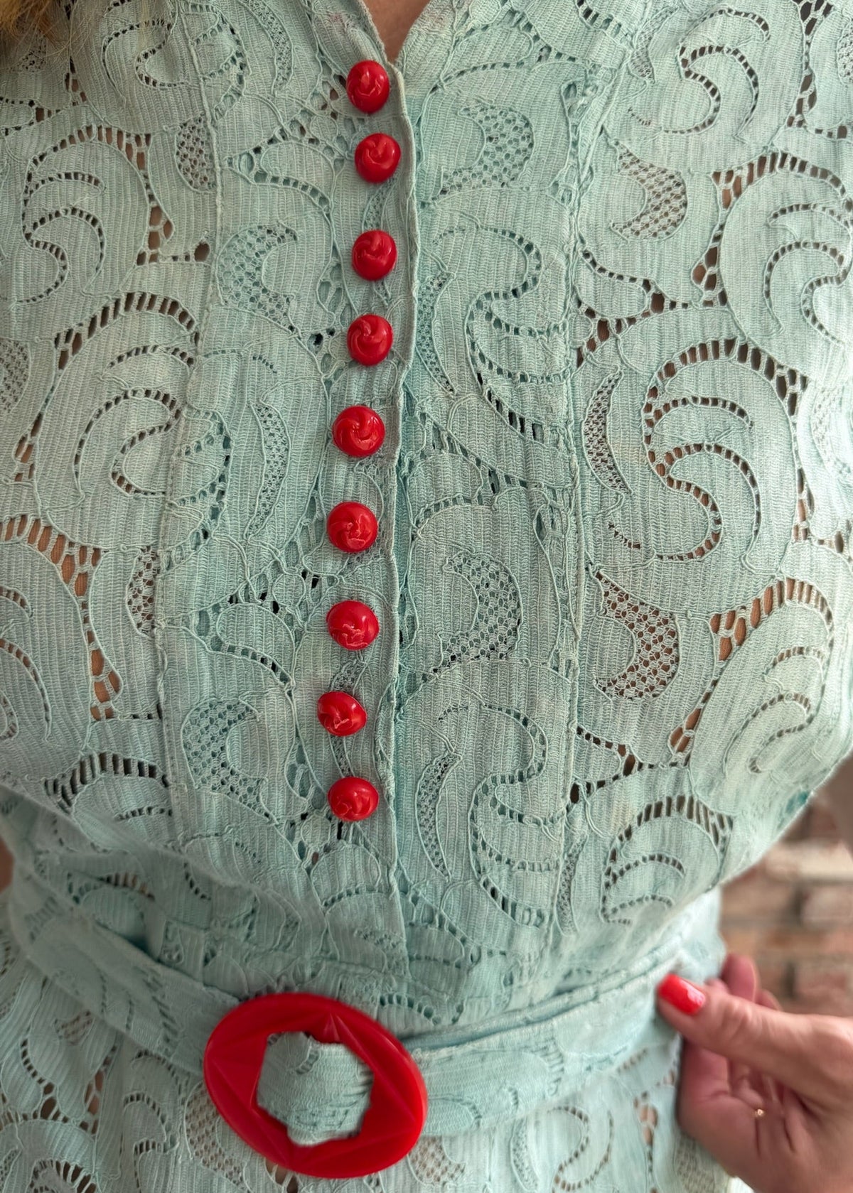 1930s Seafoam Lace Day Dress with Red Bakelite-Style Buttons & Belt