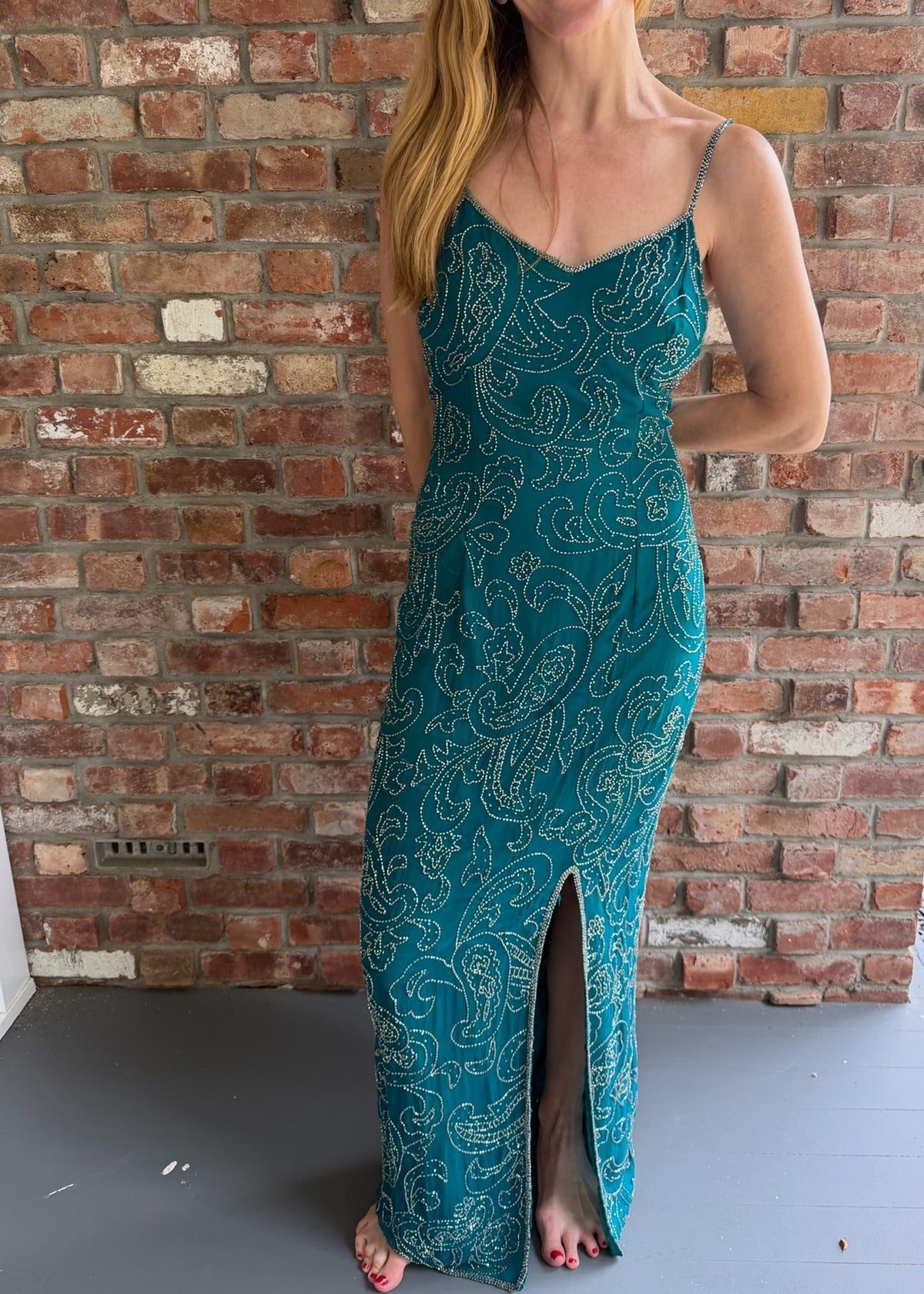 1980s - 1990s Teal Silk Beaded Column Gown