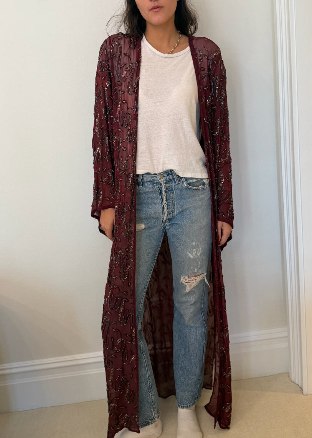 1980s - 1990s Burgundy Beaded Sequin Sheer Duster