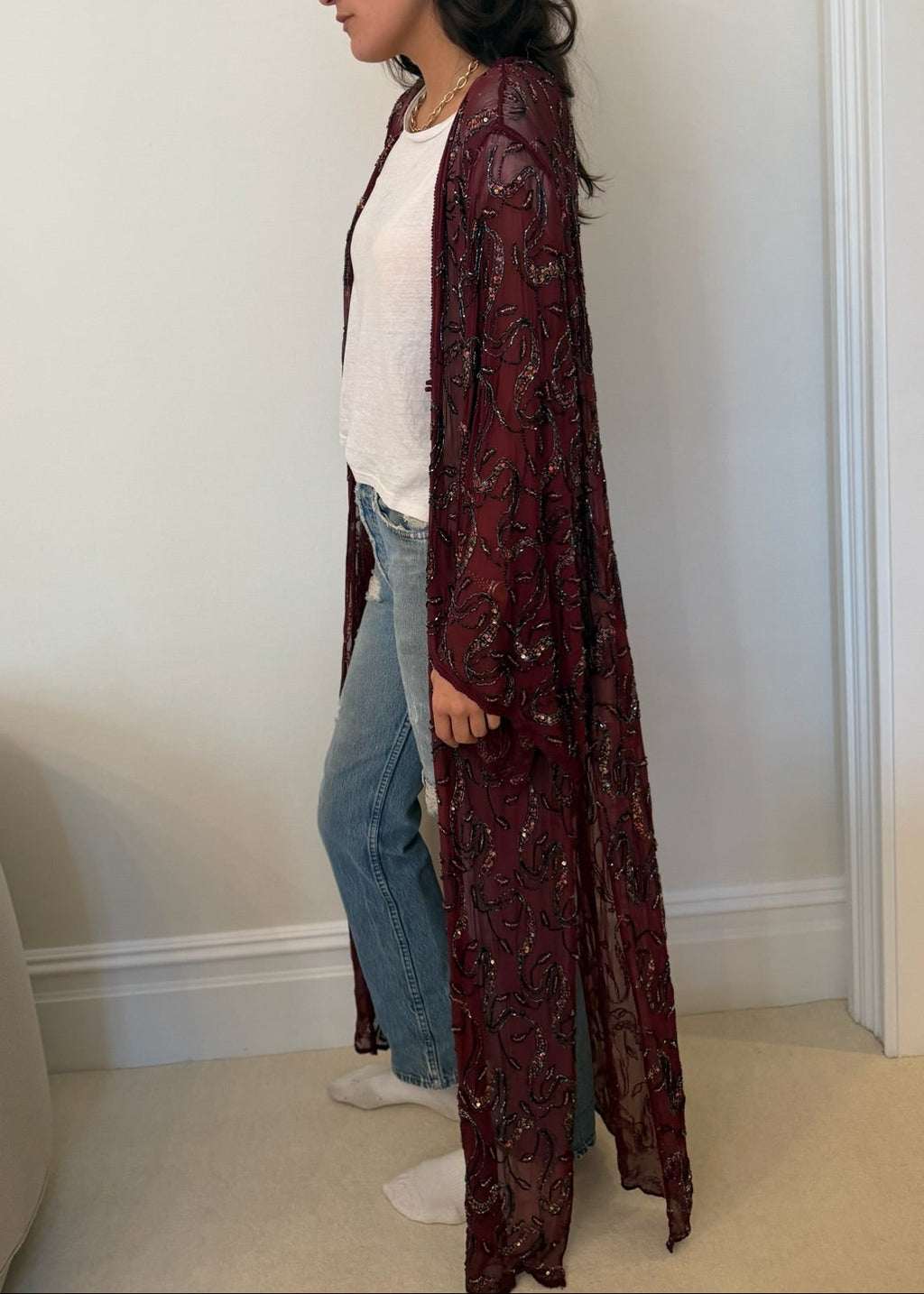 1980s - 1990s Burgundy Beaded Sequin Sheer Duster
