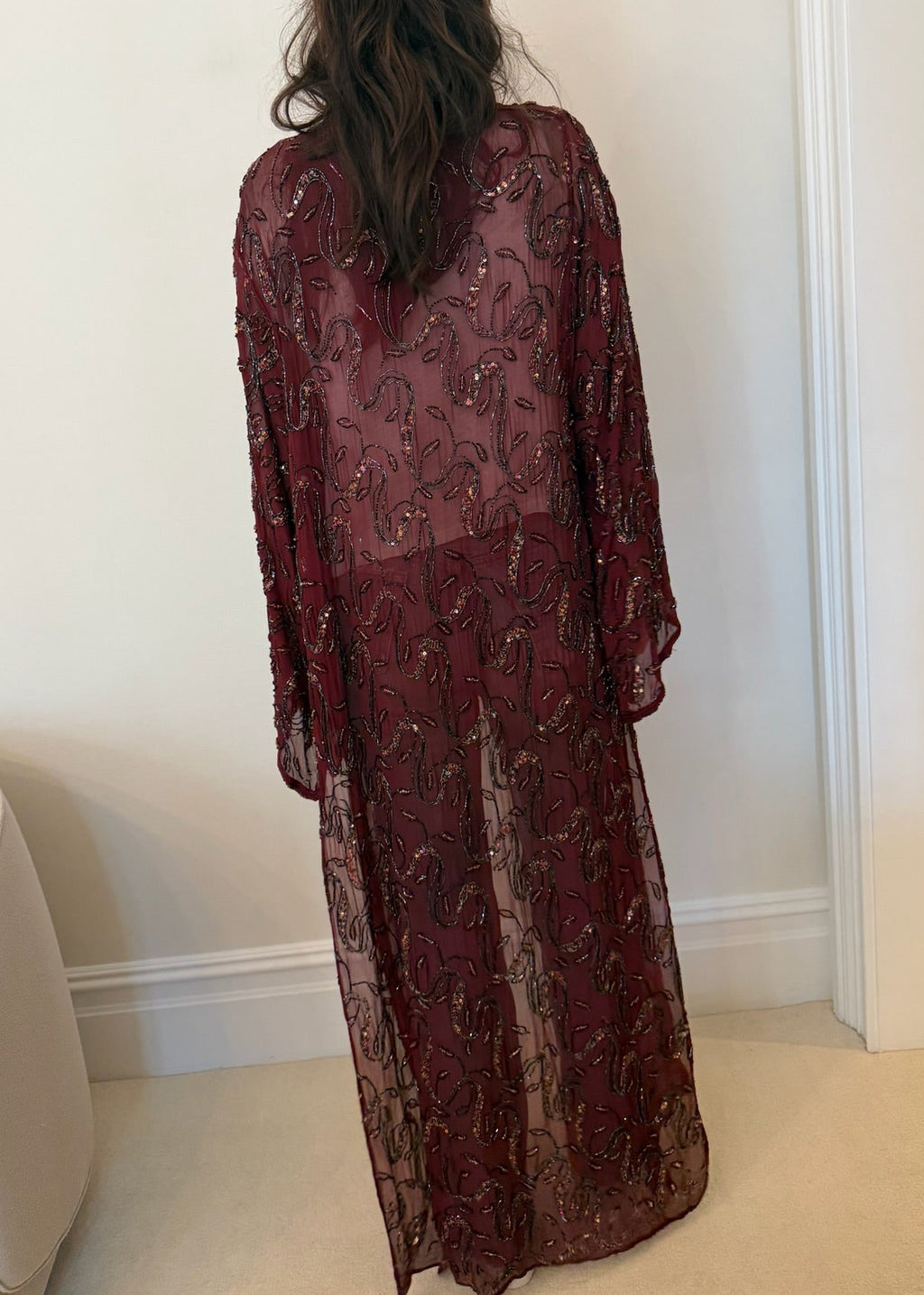 1980s - 1990s Burgundy Beaded Sequin Sheer Duster