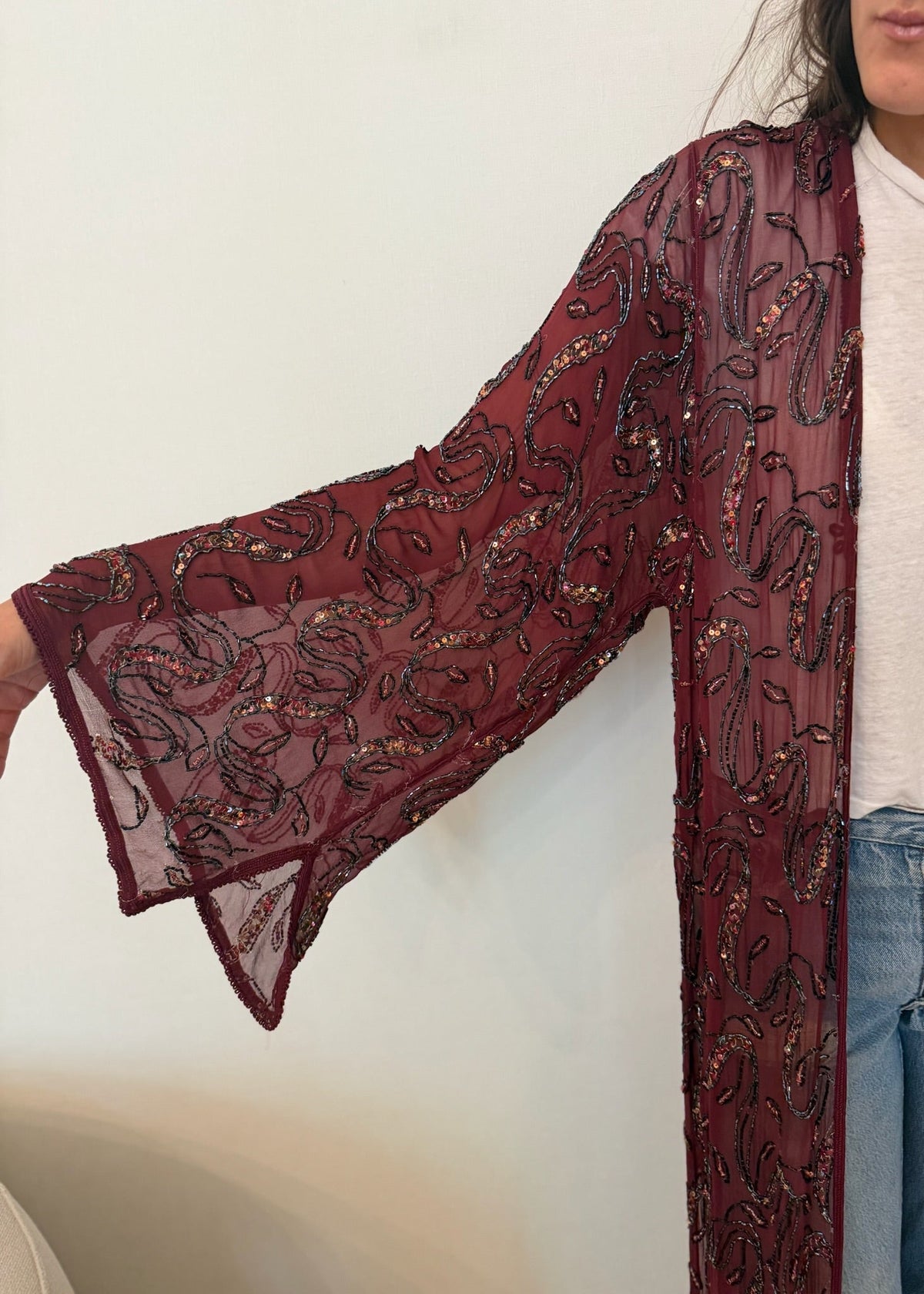 1980s - 1990s Burgundy Beaded Sequin Sheer Duster