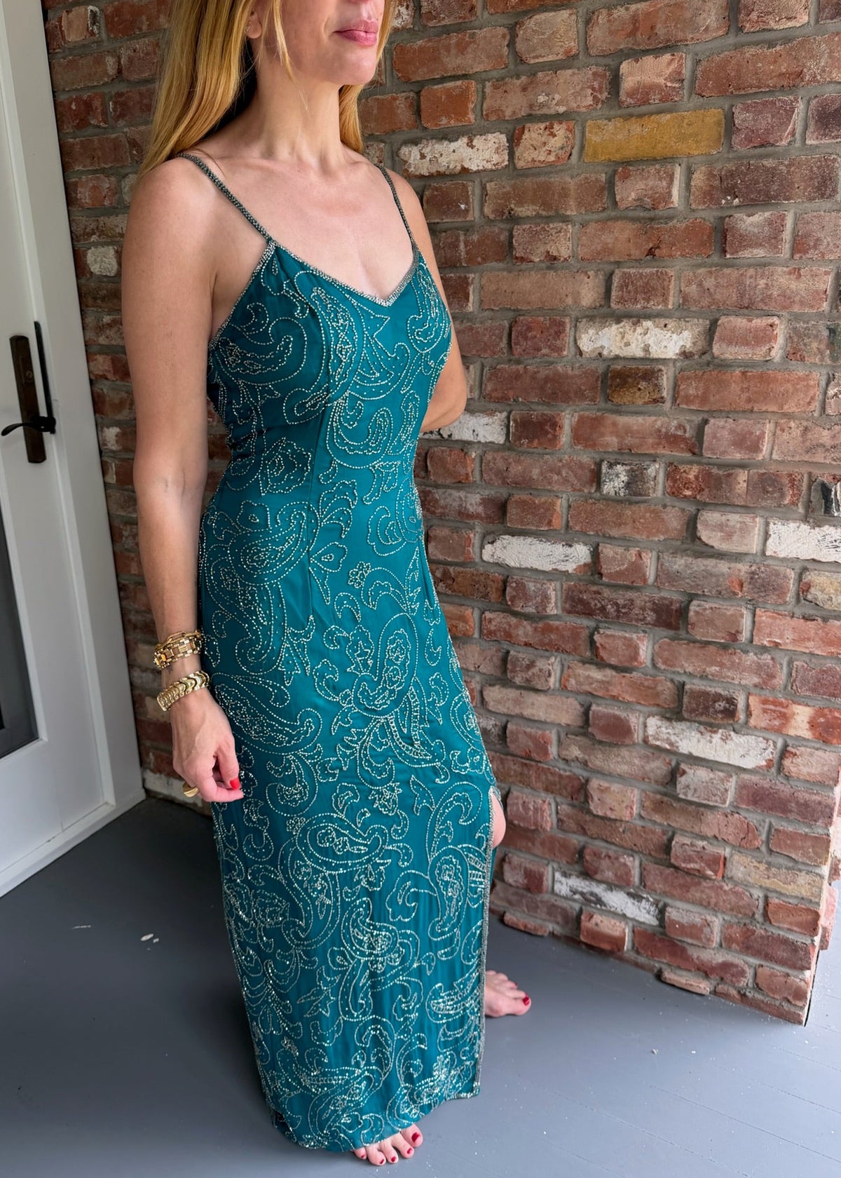 1980s - 1990s Teal Silk Beaded Column Gown