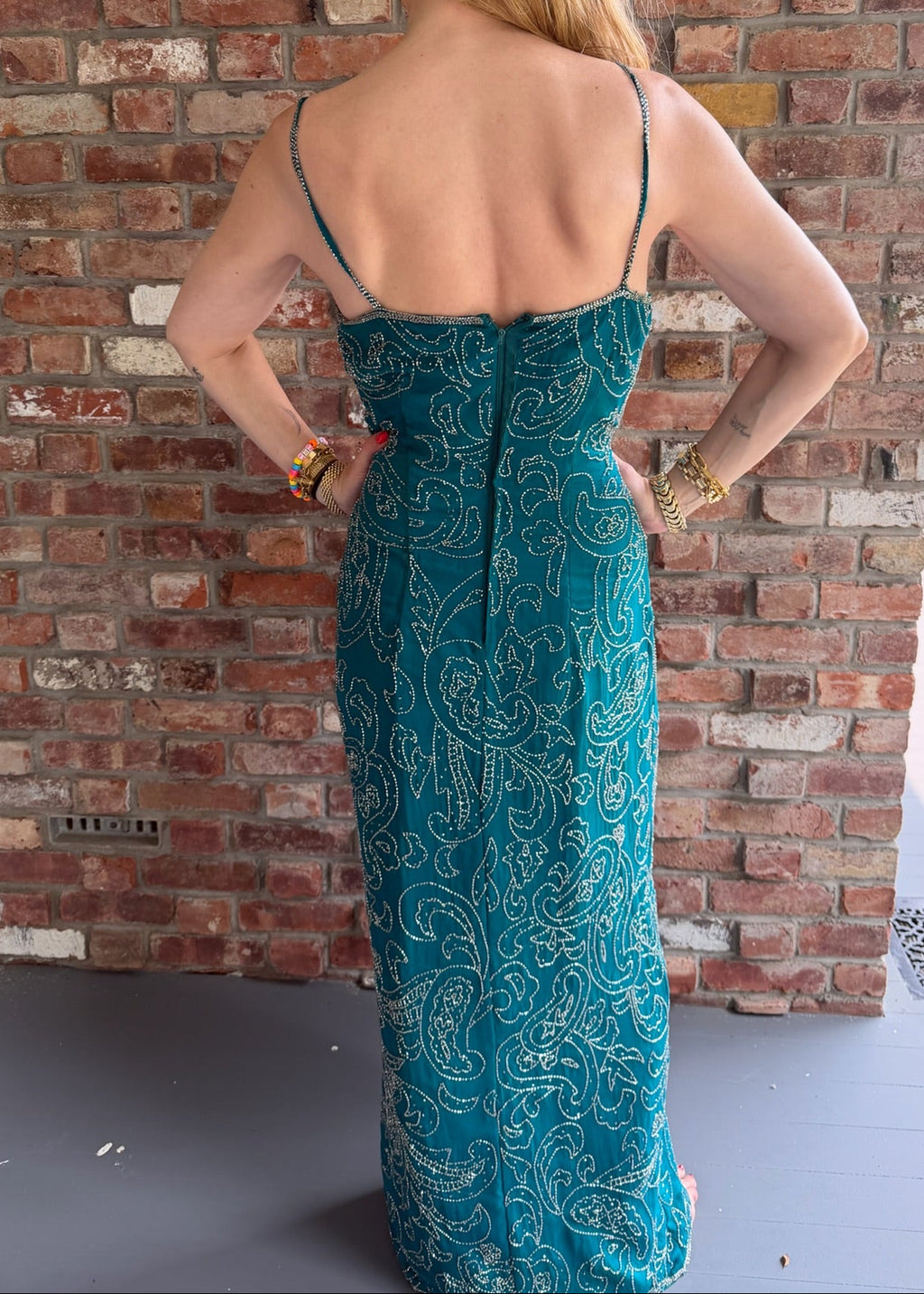 1980s - 1990s Teal Silk Beaded Column Gown