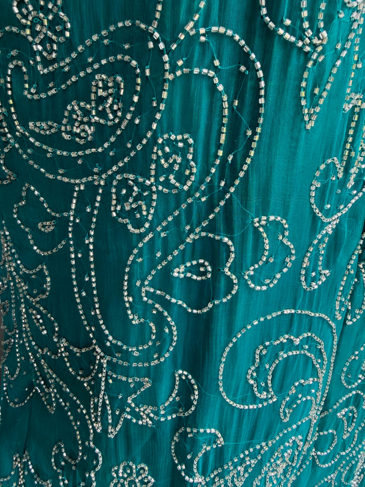 1980s - 1990s Teal Silk Beaded Column Gown