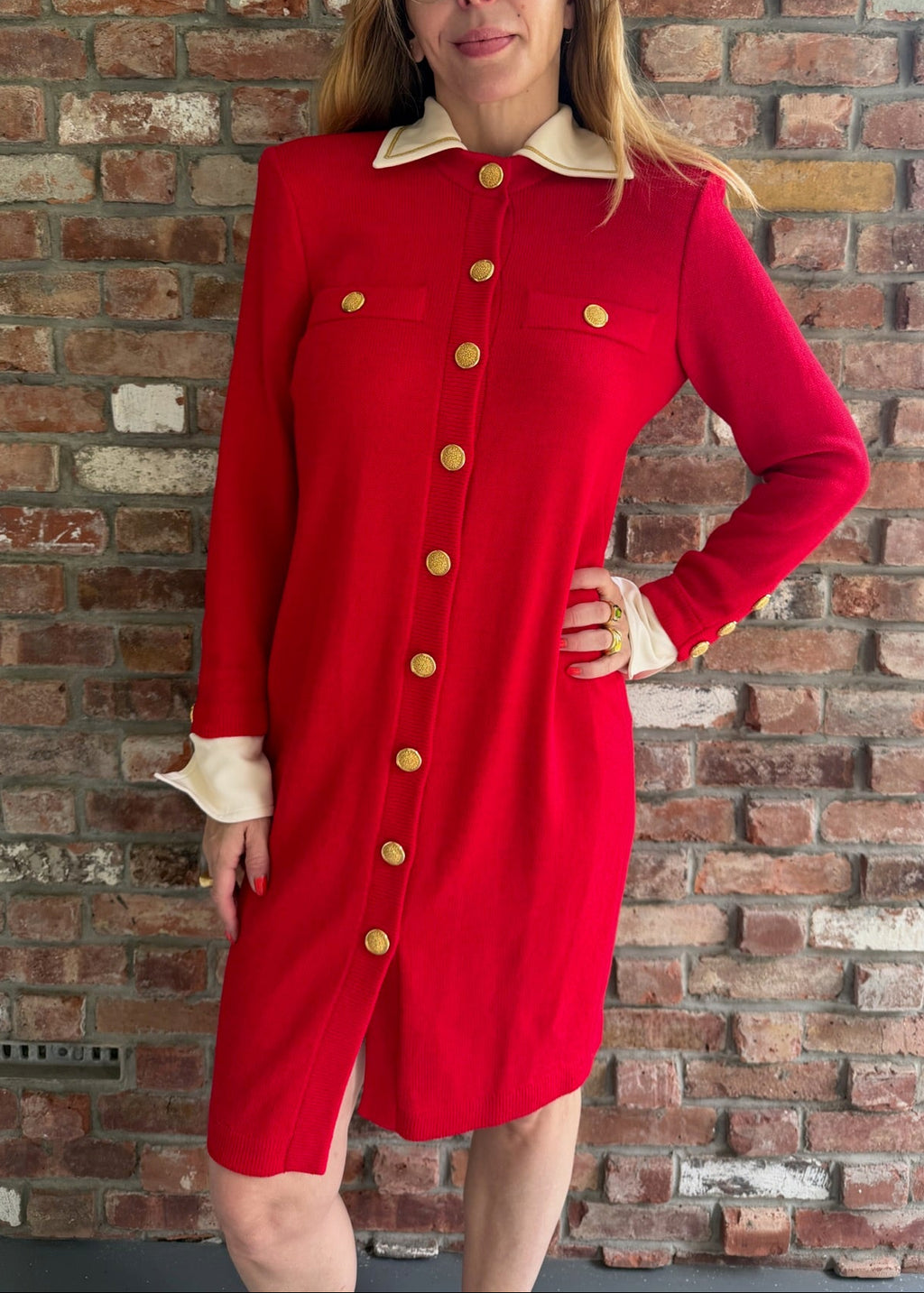 1980s - 1990s St. John Red Knit Coat Dress – Gold Buttons Contrast Collar