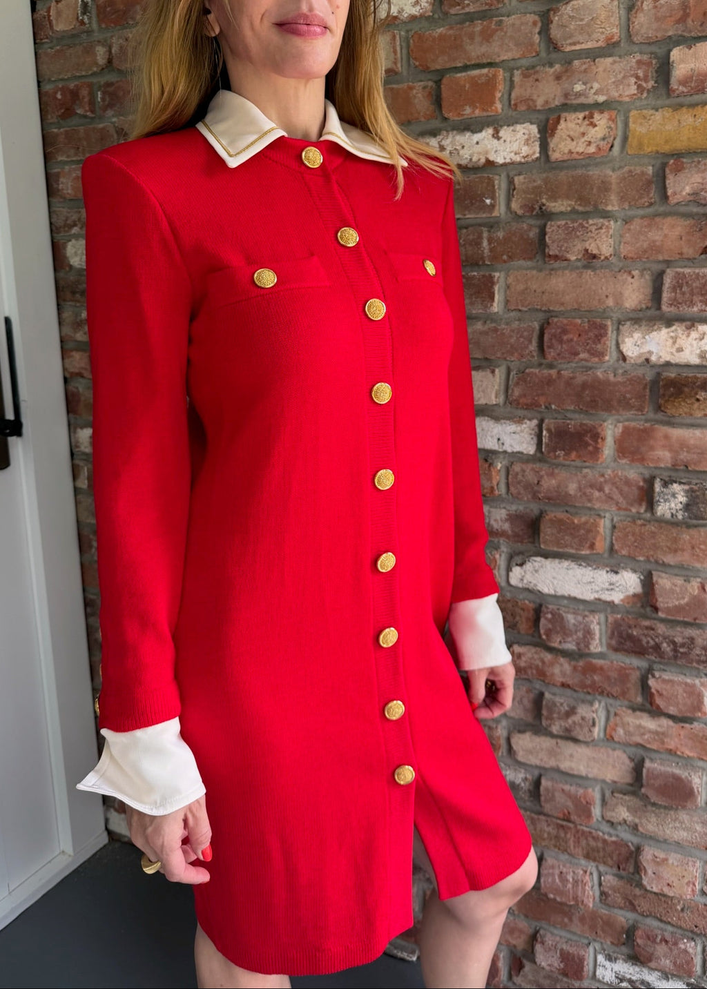 1980s - 1990s St. John Red Knit Coat Dress – Gold Buttons Contrast Collar