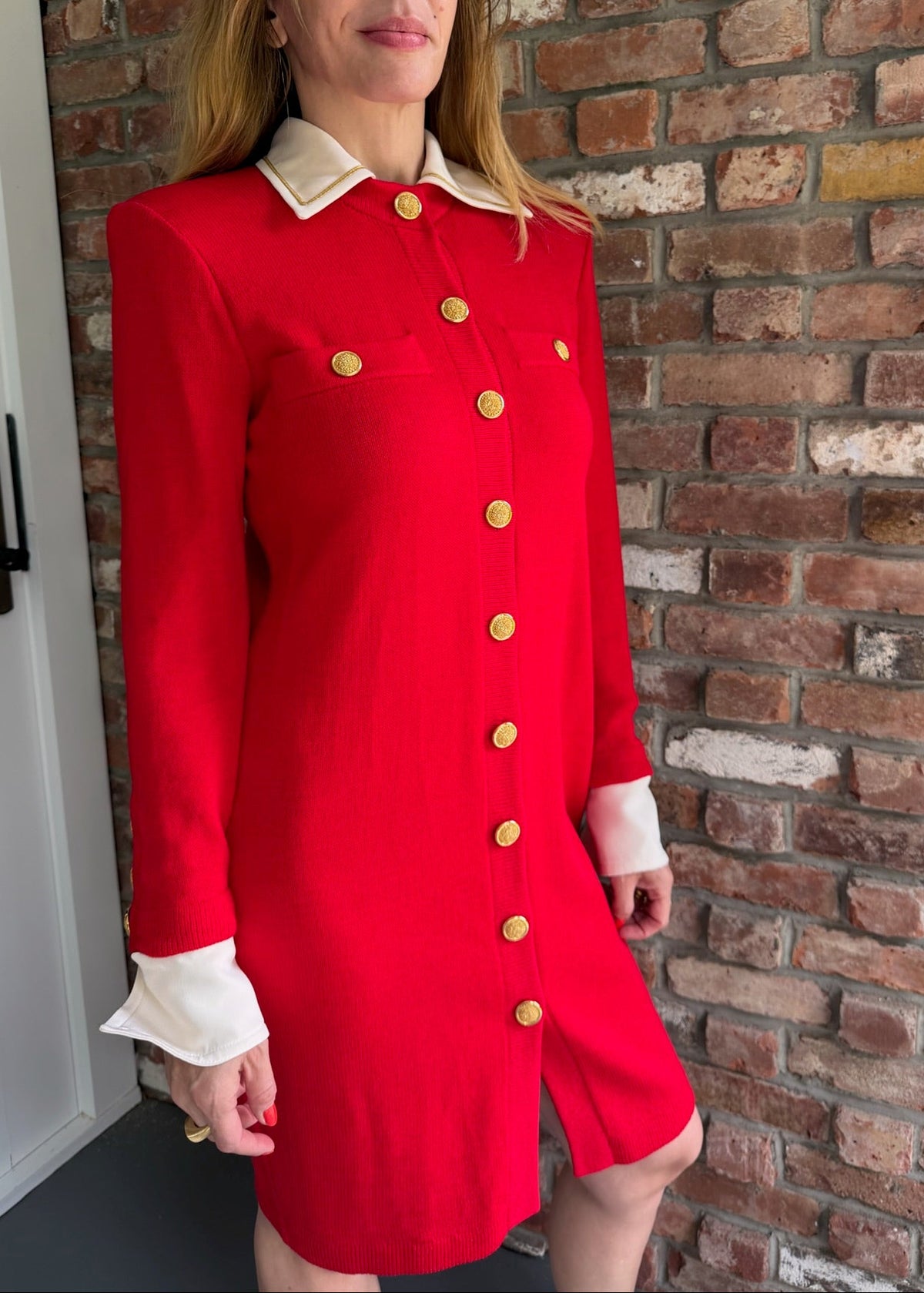 1980s - 1990s St. John Red Knit Coat Dress – Gold Buttons Contrast Collar