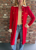 1980s - 1990s St. John Red Knit Coat Dress – Gold Buttons Contrast Collar