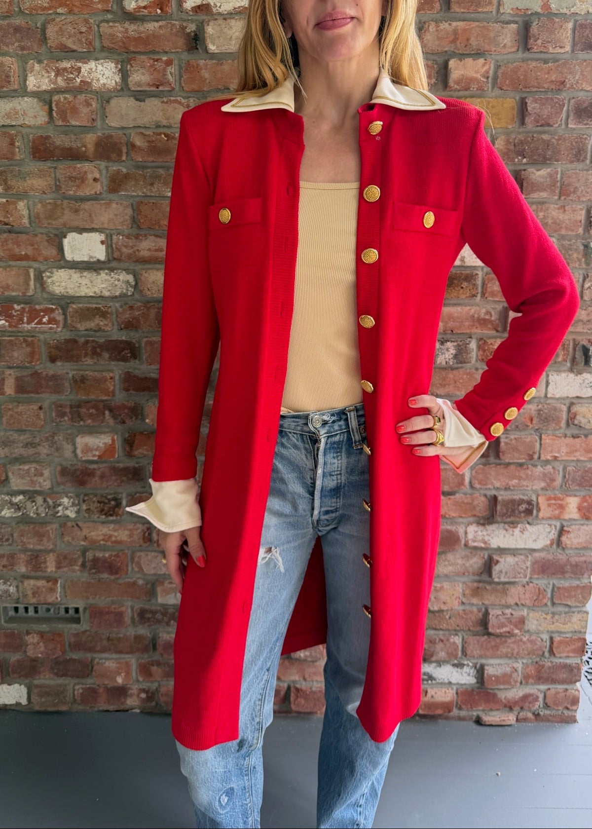 1980s - 1990s St. John Red Knit Coat Dress – Gold Buttons Contrast Collar
