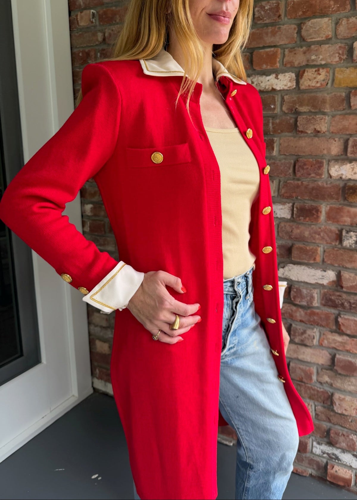 1980s - 1990s St. John Red Knit Coat Dress – Gold Buttons Contrast Collar