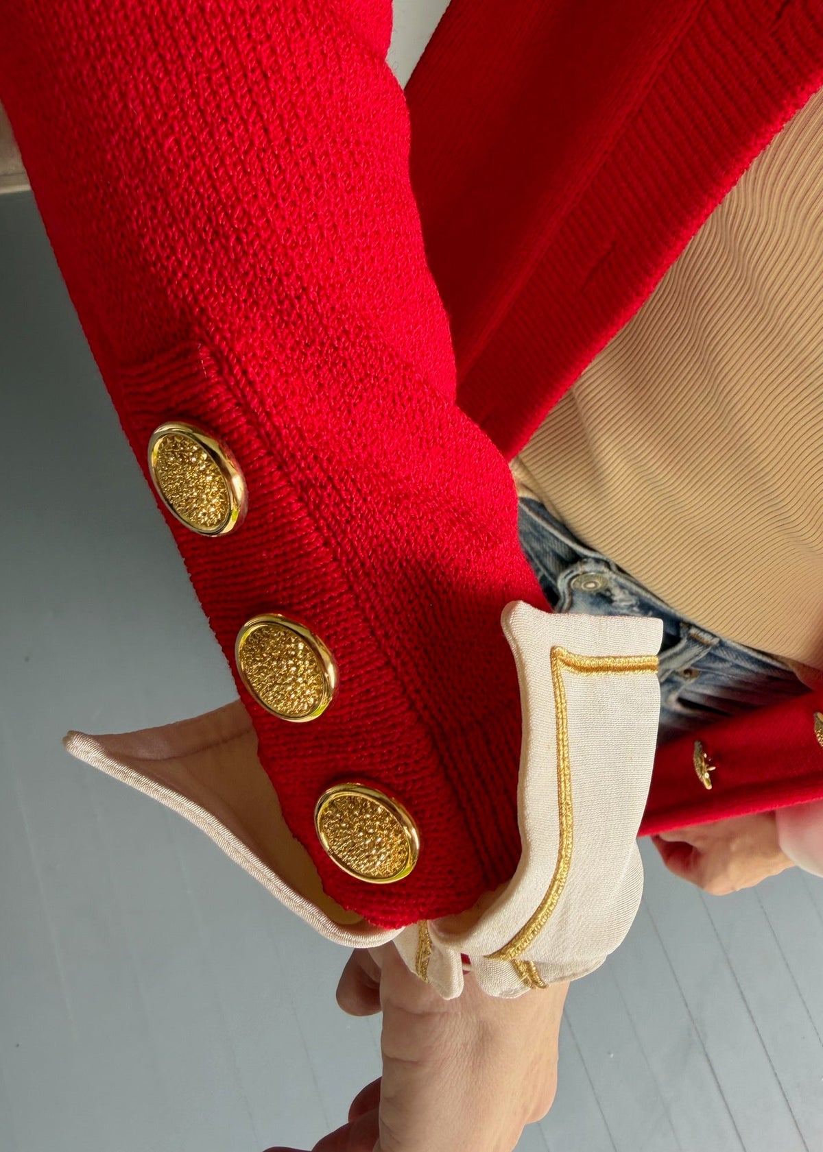 1980s - 1990s St. John Red Knit Coat Dress – Gold Buttons Contrast Collar