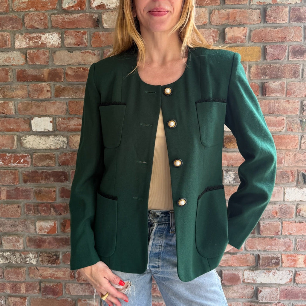1990s Green Wool Jacket with Pearl Buttons