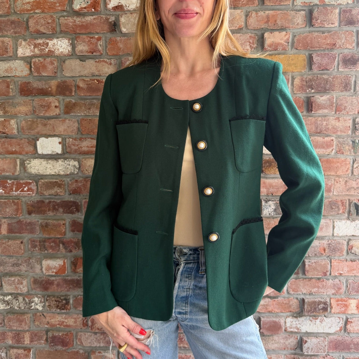 1990s Green Wool Jacket with Pearl Buttons