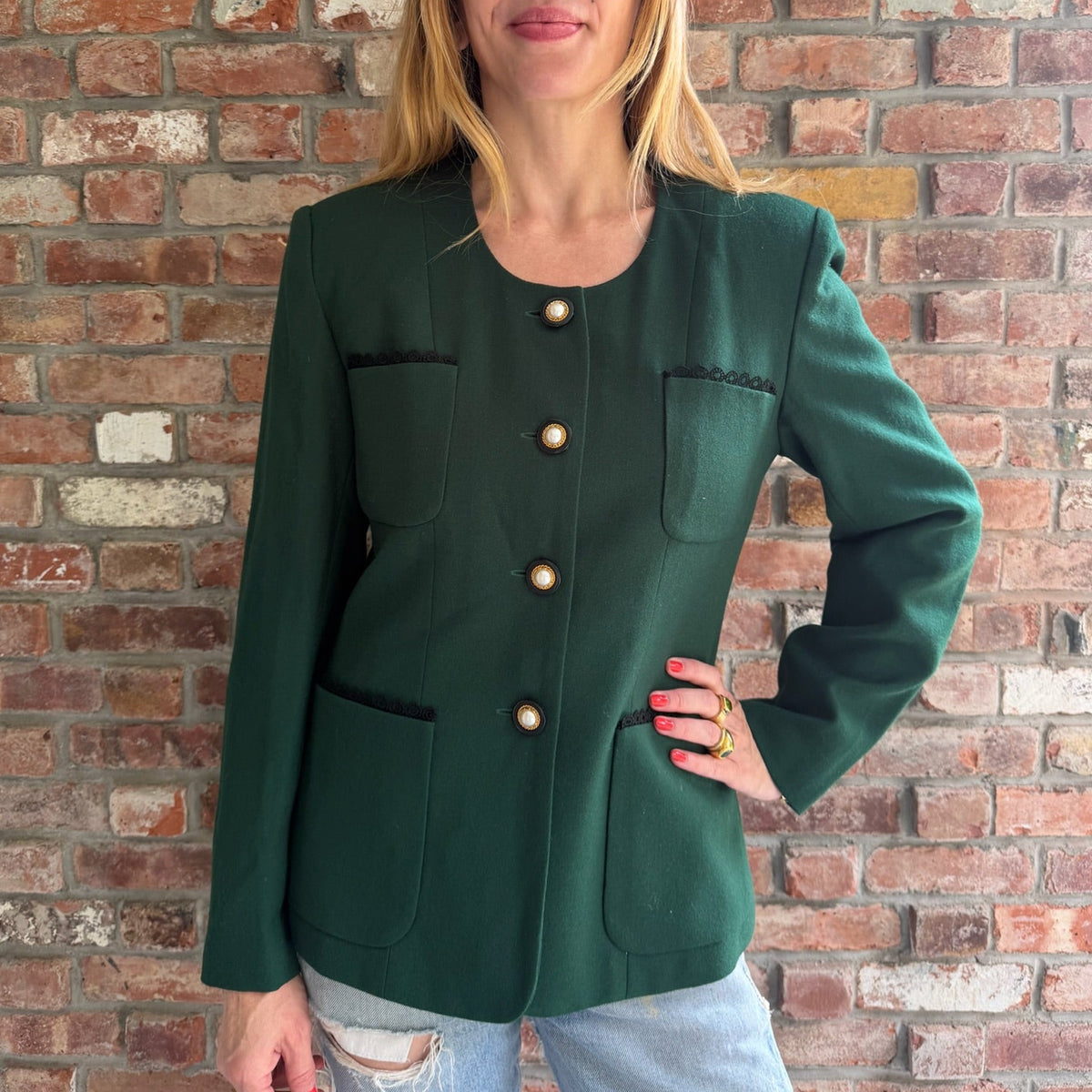 1990s Green Wool Jacket with Pearl Buttons