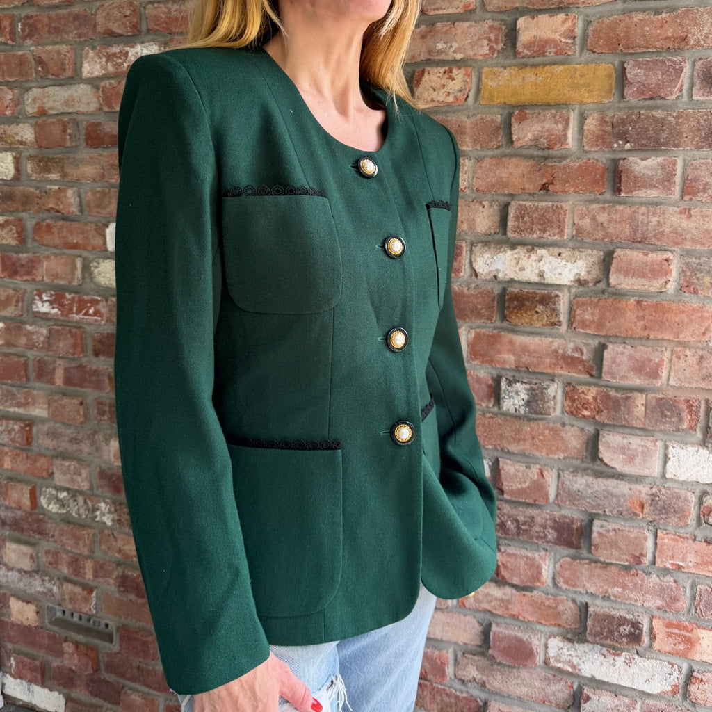 1990s Green Wool Jacket with Pearl Buttons