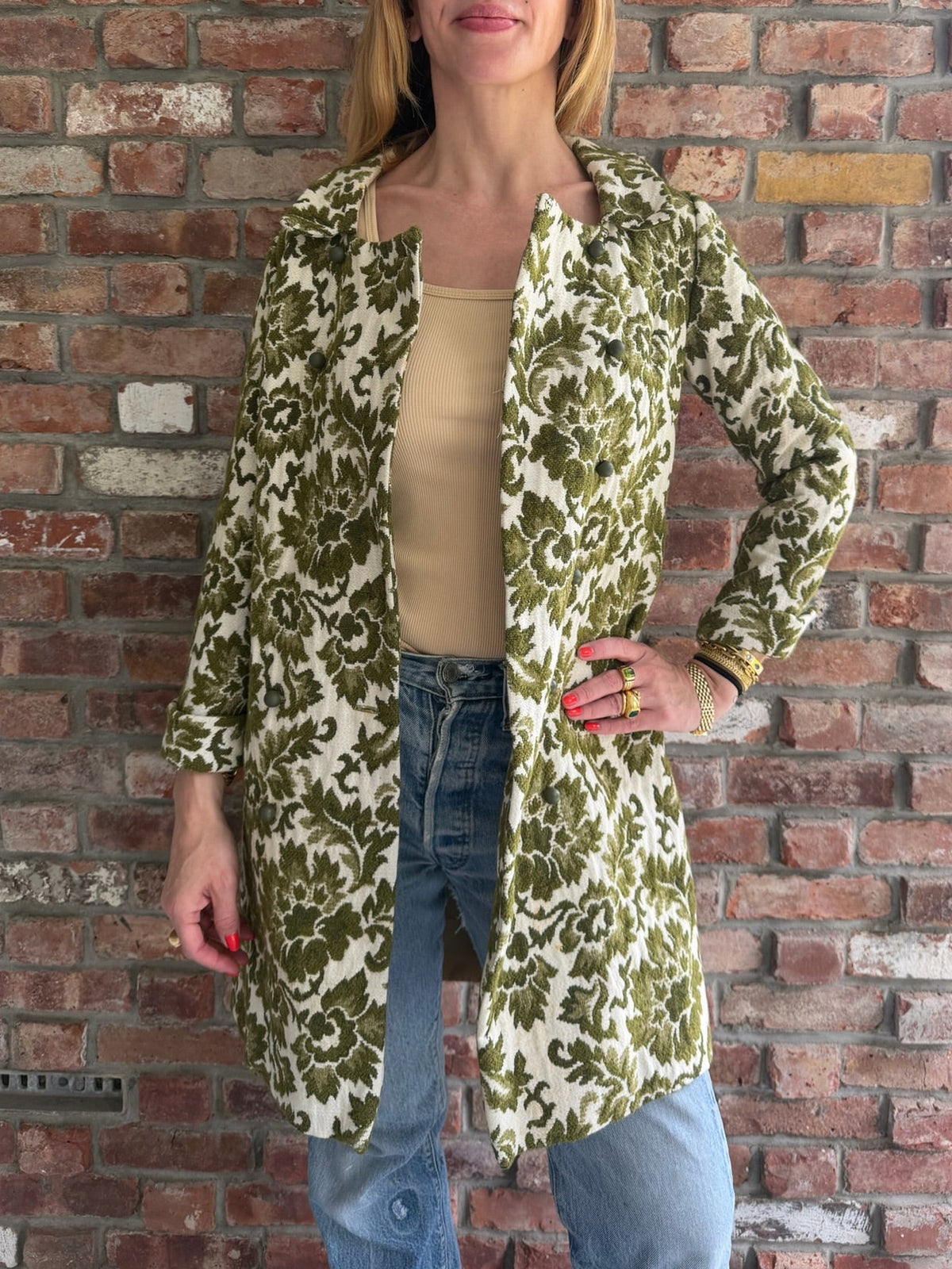 1960s - 1970s Olive Green Cream Floral Jacquard Tapestry Long Coat