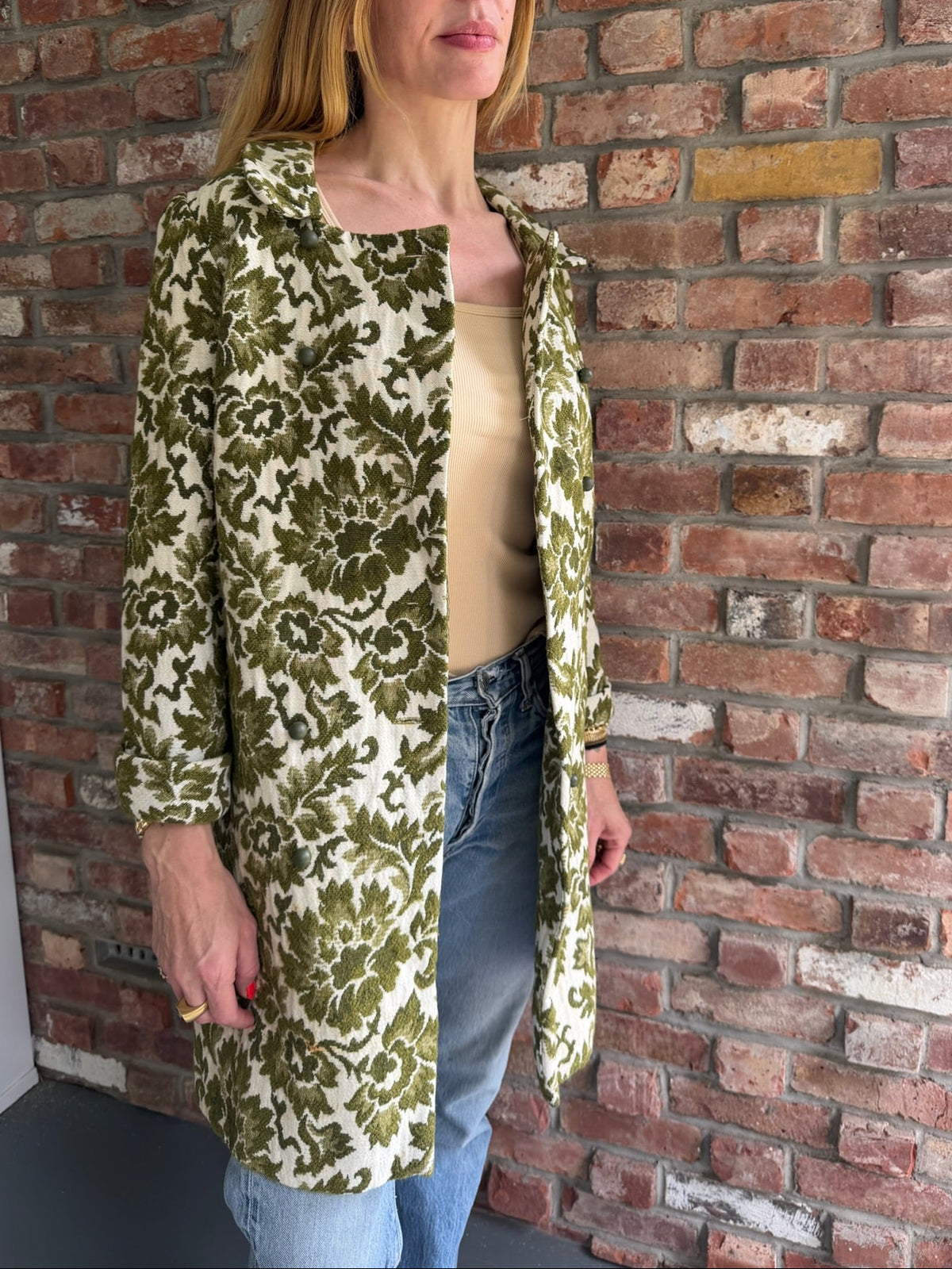 1960s - 1970s Olive Green Cream Floral Jacquard Tapestry Long Coat