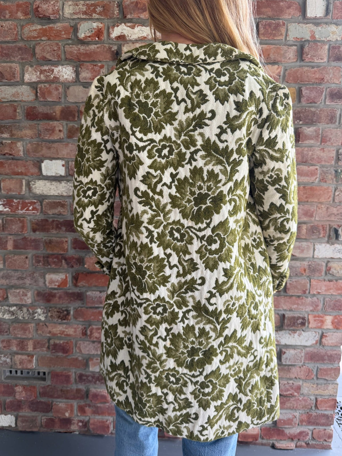 1960s - 1970s Olive Green Cream Floral Jacquard Tapestry Long Coat