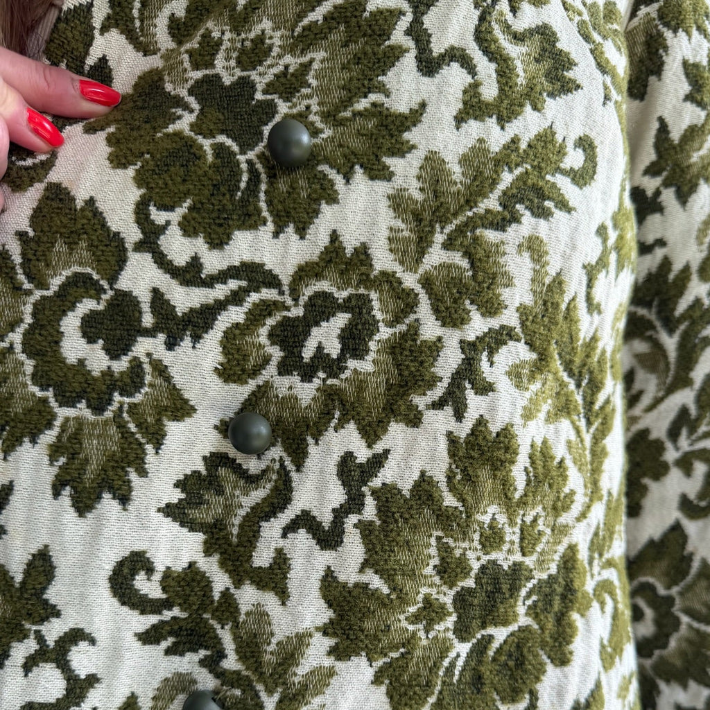 1960s - 1970s Olive Green Cream Floral Jacquard Tapestry Long Coat