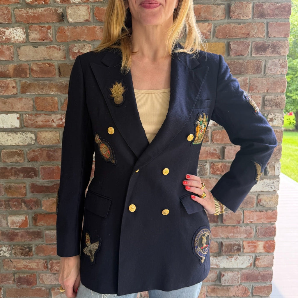 1980s - 1990s Polo Ralph Lauren Navy Wool Military Patch Blazer